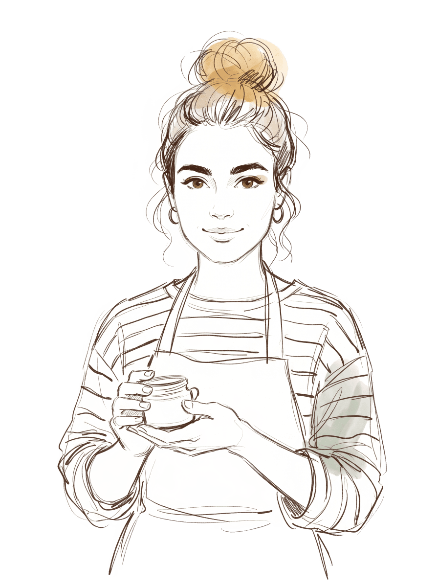 Lana in an apron holding a jar of cream
