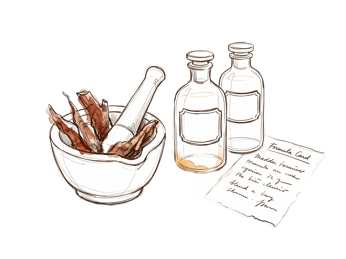 A mortar with madder root and glass vials