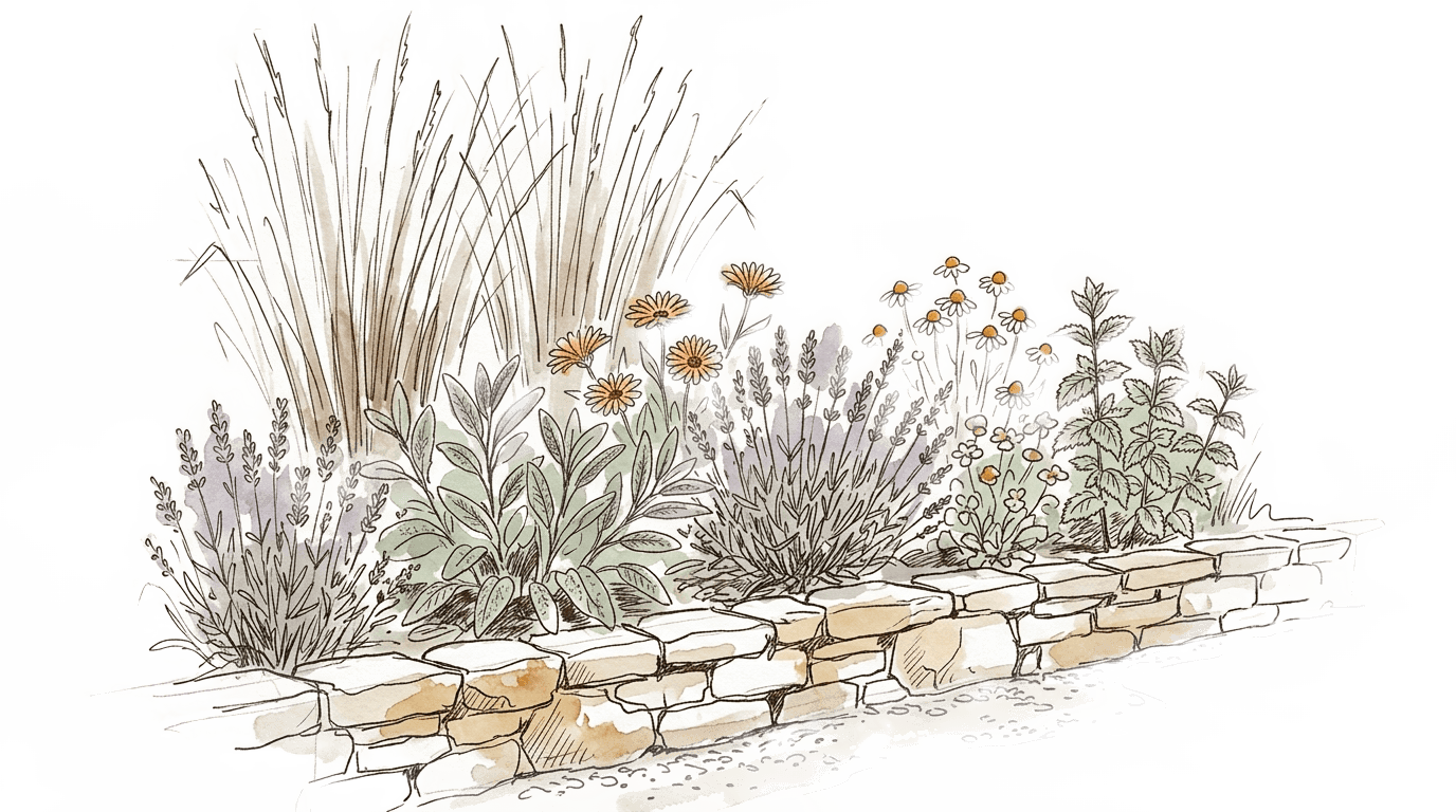A garden bed: sage, lavender, calendula