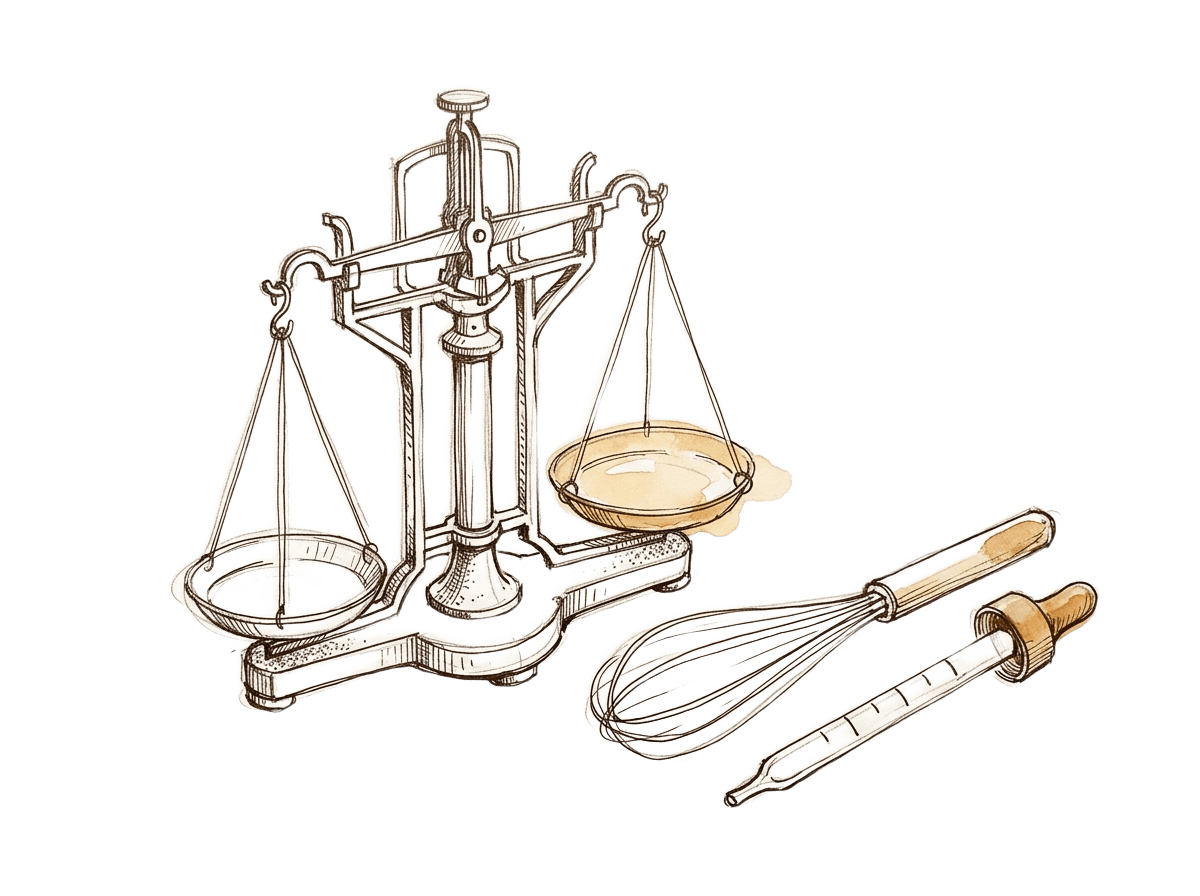 Jeweller's scales, whisk, thermometer